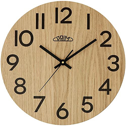 PRIM Genuine Design 31cm Wanduhr Holz Made in EU, Design-Holzuhr, Dunkles Light Wood/Black, Arabische Ziffern, präzises Quarz-Uhrwerk Sweep, ∅ 310 mm, schöne Wanddeko für Küche, Büro oder Wohnzimmer