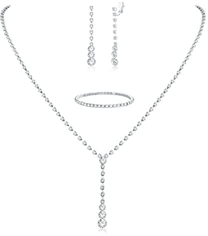 JeryWe Hochzeit Schmuck Set für Damen Silber Strass Halskette Clip-on Ohrringe ArmbänderAbschlussball Schmuck Silber-a