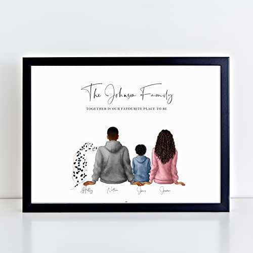 Personalised Our Family Print - Family Any Name Illustration Picture With Dog Wall Art Gifts - A5, A4, A3 Poster, Prints & Framed