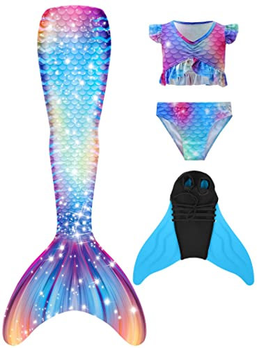 NAITOKE meerjungfrauenflosse mädchen Badeanzug - Meerjungfrau Flosse Bademode mit Bikini Set und Monoflosse Mermaid Tail, 4 Stück Set, XQSAAL,120