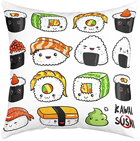Kawaii Sushi Kissenbezug 55 x 55 cm Japanischen Stil Kissenbezug Lebensmittel Kissenbezug für Kinder Jungen Mädchen Teenager Niedlicher Cartoon Japanischer Sushi Deko Kissenbezug Grün Gelb Rot