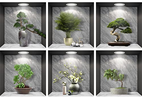 6er Set Wandtattoo 3D Effekt Vase - 3D Wandaufkleber Selbstklebend mit Blumen Grüne Pflanzen Baum Bonsai - Wandsticker Wandbild für Schlafzimmer Wohnzimmer Kinderzimmer Küche Büro 36x36cm