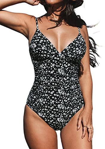 CUPSHE Maillot de Bain Une pièce pour Femme Col en V Profond Bretelles Spaghetti réglables Maillot de Bain froncé Devant Bas du Dos Noir Fleuri XS