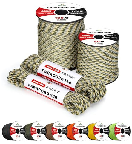 Brotree 4mm Paracorde 550 7 Brins Corde en Nylon 50M Type III Corde Parachute pour Survie, Extérieur, Bricolage - 250kg Charge de Rupture (Army Combat Uniform)