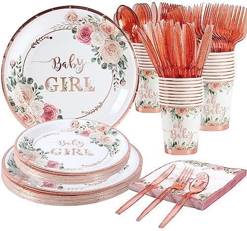 HappyThousands Girl Baby Shower Decorations, Floral Pink & Rose Gold Princess Party Supplies, 24 Guest Set with Plates, Cups, Napkins & Cutlery