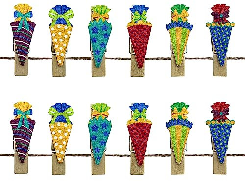 Oblique Unique® Mini Wäscheklammern Zuckertüten aus Holz Bunt für Schuleinführung Einschulung Schulanfang Streudeko Tischdeko