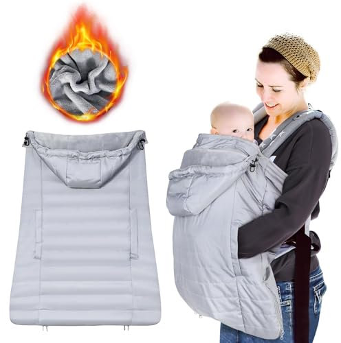 Orzbow Couverture de Portage Bébé, Imperméable Couverture Porte Bebe Hiver, Partie Supérieure Amovible avec Cordon, Doublure en Polaire Corail, Poche Frontale, Léger & Lavable en Machine, Gris Clair