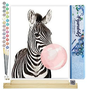 Figured'Art Peinture par Numéro Adulte avec Cadre Zèbre et Chewing gum - Activité Manuelle Kit de Loisir Créatif DIY Numéro d'Art Complet Animaux - 40x50cm avec châssis en bois à monter