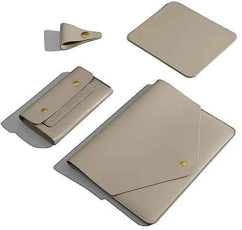 Benfan Laptop-Hülle aus PU-Leder 16 Zoll für MacBook Pro 16 Zoll A2991 A2780, MacBook Pro 15 Zoll, Surface Book 15 Zoll, Dell XPS 15 Zoll mit Kleiner Tasche Mauspad und Kabel-Organizer, Khaki