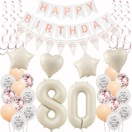Deko 80. Geburtstag Frauen Beige Roségold Luftballons 80 Geburtstag Dekoration Frau，80 Deko，Geburtstagsdeko 80 jahre Frauen,Happy 80th Birthday Girlande 80 Party