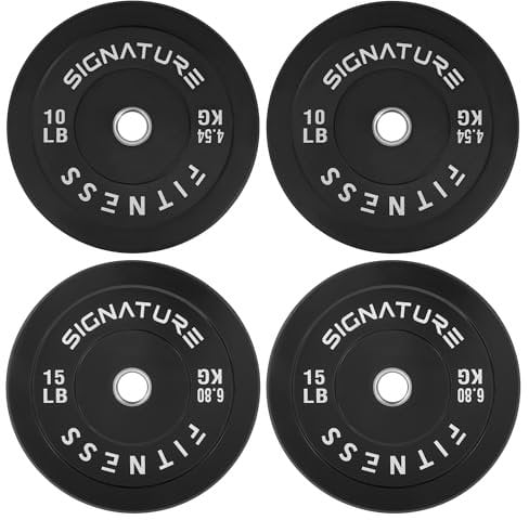 Signature Fitness 2 Olympic Bumper Plate Weight Plates with Steel Hub, 50-Pound Set, 2x 10LB, 2x 15LB
