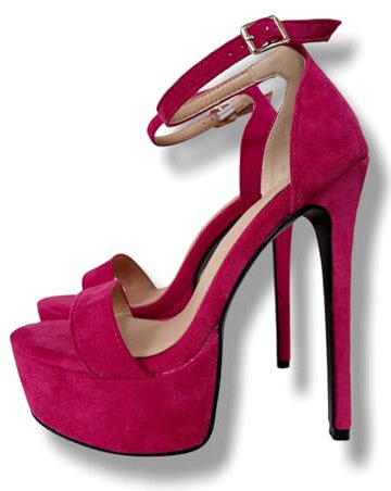 Frankie Hsu Sandalias de tacón alto hechas a mano con plataforma de aguja de lujo, estilo club de gamuza fucsia Hyper rosa, talla grande US5-19, zapatos de moda unisex para mujeres y hombres, Rosado,