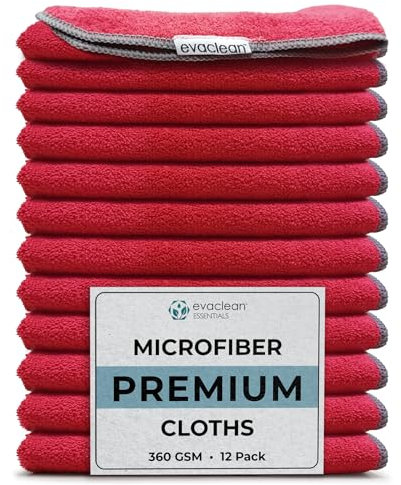 EvaClean Premium-Mikrofaser-Reinigungstuch, 40,6 x 40,6 cm, wiederverwendbar, waschbar, kratzfest, Mikrofaser-Handtücher zum Reinigen, Staubwischen, Polieren, hohe Saugfähigkeit und Haltbarkeit, Rot,