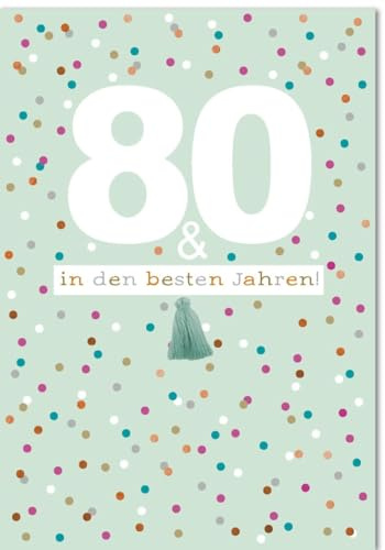 Geburtstagskarte zum 80. für Senioren - zum 80. Jubiläum - XL Format, Bunte Punkte & Konfetti - Klappkarte mit Umschlag mit Applikation