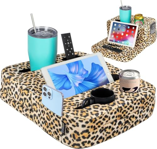 TabCouchCaddy - Couch Cup Holder Tray Pillow - Bed, Couch Caddy, Sofa, RV & Car - Holds Drinks, Snacks, Remotes, Phones, Kindle, Tablet | Bed Cup Holder (Leopard)