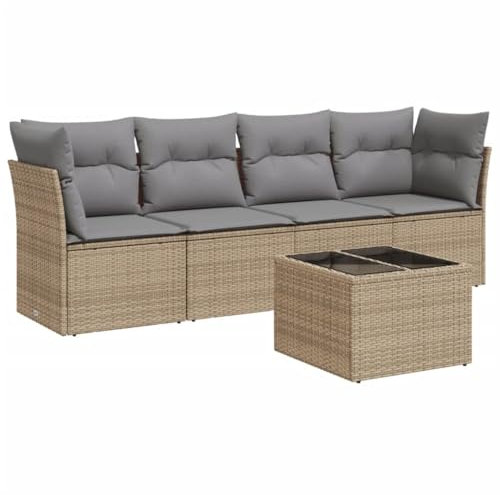 vidaXL Garten Sofa Garnitur 5-TLG., Gartenmöbel Set mit Kissen Stauraum, Sitzgruppe für Garten Terrasse, Modular Gartensofa Lounge, Tisch mit Glasplatte, Beige Poly Rattan