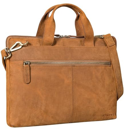 STILORD 'Ross' Leather Laptop Case 14 Inch Slim Vintage Laptop Bags for Men and Women Shoulder Bag for Laptop Work Travel Business Bag, Colour:tan - Dark Brown