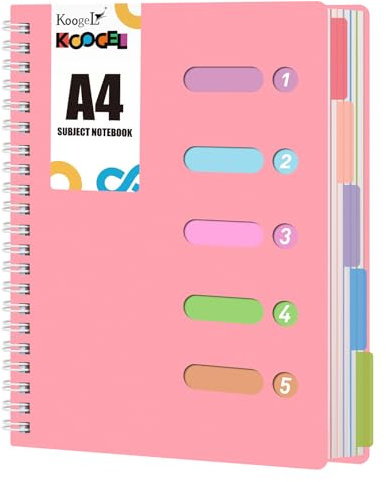 Koogel Liniertes Notizbuch, A4, Spiralnotizbuch mit Trennblättern, Hardcover, 5 Fächer, für Schule, Notizen, Büro, 28 x 21 cm