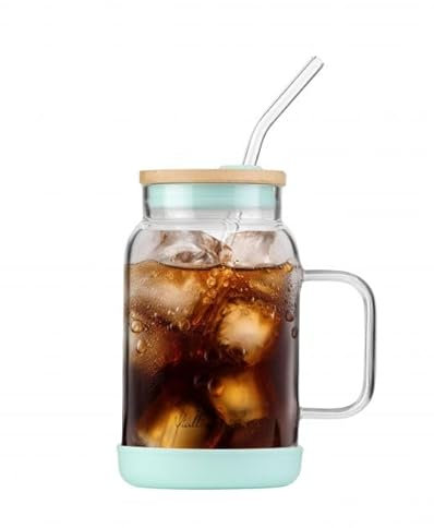Vialli Design Glasbecher mit Deckel und Strohhalm 600 ml, Fuori Kollektion, Gläser, Glasgefäße, Trinkgläser, Cocktailgläser mit Glasstrohhalm für Eiskaffee, Smoothie, Mintgrünen Elementen