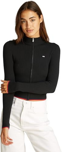 Tommy Jeans Women’s Slim Fit Cable Knit Zipped Jumper, Black (Black), L