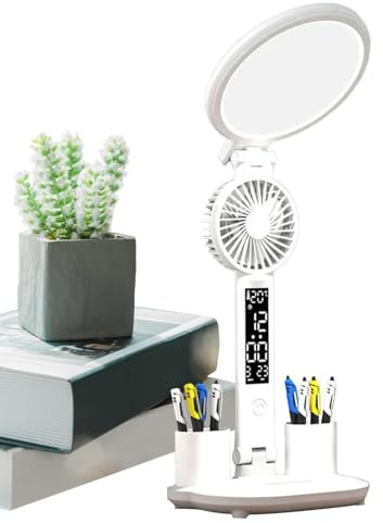 Lampe de bureau avec ventilateur, lampe de table pour bureau, Porte-stylo Lampe de bureau rechargeable USB avec batterie 2000 mAh, Compteur de température avec ventilateur, 3 modes d'éclairage, suppor