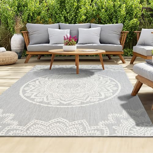 homeart Outdoor Rug - Easy-Clean, Durable, Stain-Resistant, Weather & UV Resistant Indoor & Outdoor Rugs for Porch, Deck, Balcony, Garden, Picnic and Patio | Mandala Grey, Cream - 180x270cm