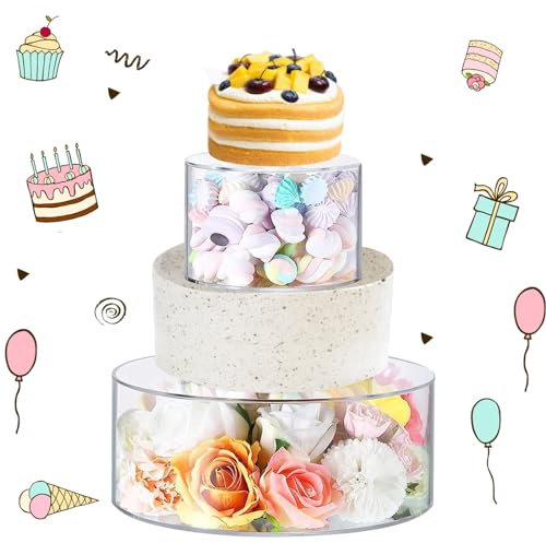 Alzata per Torta Trasparente Acrilico Supporto, Set di 2 Espositori per Torta in Acrilico Trasparente, 15x10cm, 25x10cm con 2 Ghirlande Luminose a LED, per Festa di Matrimonio e Compleanno