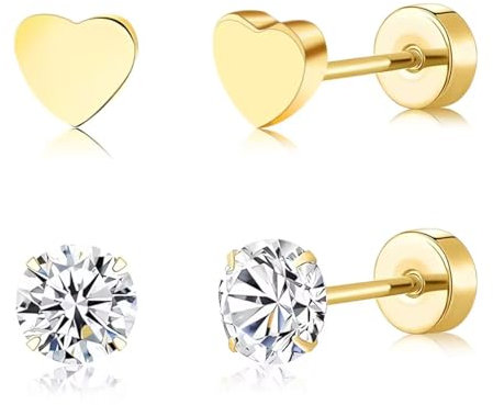 Artskin 2 pares de pendientes de espalda plana para mujer de titanio CZ y corazón plano de espalda plana pendientes de tuerca para múltiples orejas perforadas pendientes hipoalergénicos para orejas