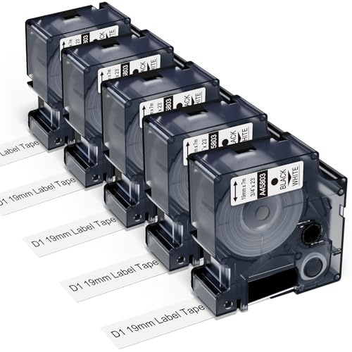 Invoker 5x a45803 Ersatz für Dymo D1 Etikettenband 19mm Schwarz auf Weiß | Kompatibel mit DYMO Schriftbänder 19mm x 7m(3/4'' 23') 45803 45803s S0720830 LabelManager 350D 360D 400 420P 450D 500TS 640CB
