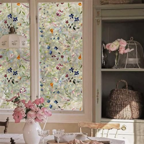 Milchglasfolie Blaue Blume Orange Fensterfolie Schlafzimmer Fenster Sichtschutzfolie Milchglasfolie Selbstklebend Fenster Klebefolie Fenster Sichtschutz Folie für Fenster Bad 43x100cm/1 Pcs