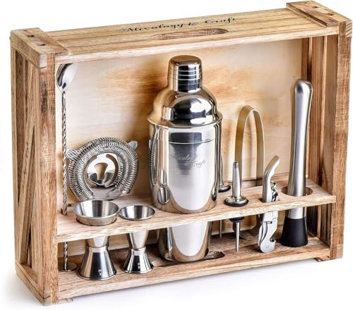 Juego de cóctel de 11 piezas, coctelera, colador, sacacorchos, 2 vertedores de licor, cuchara, pinzas de hielo, mortero, 2 medidores, soporte de madera, apto para lavavajillas, embalaje elegante