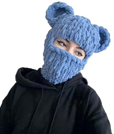 WUODHTW Y2k Skimaske, gestrickt, gehäkelt, Mütze, Schal, Kapuze, Winter, warm, Beanie, Mütze, Totenkopf, Halloween, Sturmhaube, Ohrenhut