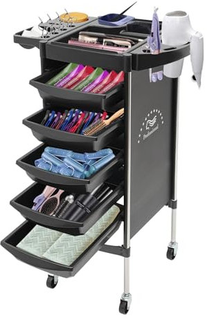 czyuRachel Friseurwagen, 36 * 85.5cm 5 Schubladen Salon Rollwagen Rechteckig mit 4 Rollen und Mehrere Aussparungen für Friseurbedarf, Schmuck, Kosmetika, Schwarz