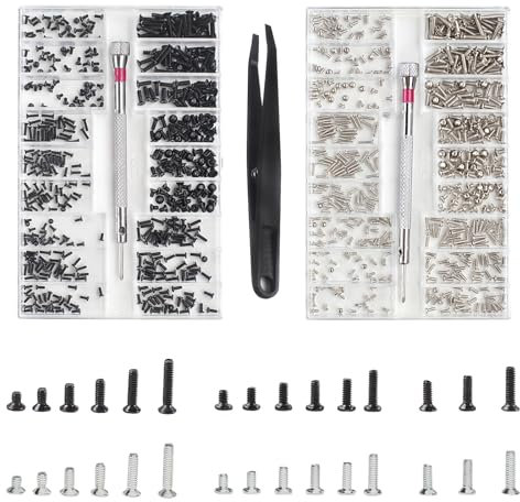 1000 Stück Kleine Schrauben Set, M1.2 M1.4 M2 Schrauben Sortiment Kit, 18 Größen PC Schrauben Set, Brillenschrauben Set mit Schraubendreher Pinzette, Mini Schrauben zur Uhren, Brillen, Computer