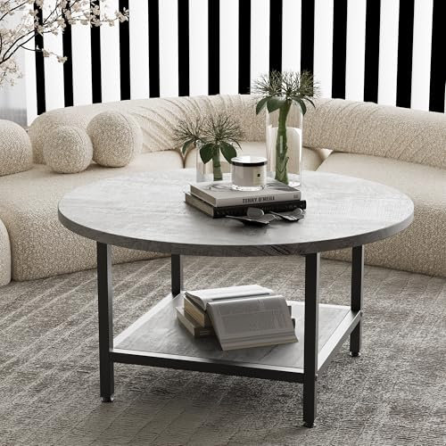 ARFARLY Round Coffee Table for Living Room, 2 Tier Coffee Tables with Storage Shelf, Modern Farmhouse Circle Center Table with Sturdy Metal Frame Home Furniture, Grey