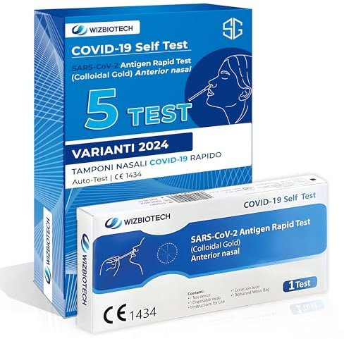 5 Test Tamponi COVID 19, Tamponi Rapidi Nasali Certificati per Uso Domestico, Validato Nuove Varianti 2024, Sensibilità 100% a carica virale alta, Risultato Rapido