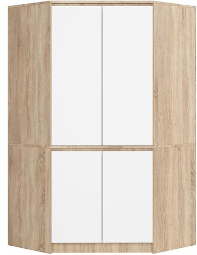 AKORD Eckkleiderschrank S100 100 cm | mit 4 Türen | Geräumiger Innenraum | Platzsparende Aufbewahrung | B100 x H180 x T50 cm | Gewicht 101,20 kg | Sonoma Eiche/Weiß