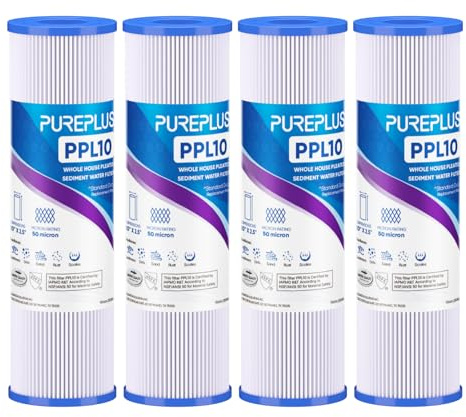 PUREPLUS Filtro per sedimenti pieghettato per acqua di pozzo, 50 micron, 25,4 x 6,3 cm, cartuccia di ricambio per sistema universale RO da 10, W50PE, WFPFC3002, SPC-25-1050, FM-50-975, 801-50, WB-50W