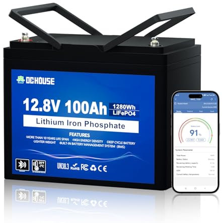 DCHOUSE 12V 100AH LiFePO4 Bluetooth Lithium Batterie,mit 100A BMS Niedertemperaturschutz,1280Wh Autobatterie für Trolling-Motor,Wohnmobil,Wohnwagen,Solaranlage