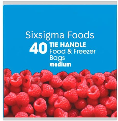 Sixsigma Foods 40 Medium Tie Handle Food & Freezer Bags - Durable, Leak Resistant Storage Solution for Chilling, Freezing & Packing - Ideal for Home Kitchens & Meal Prep (Case of 10)