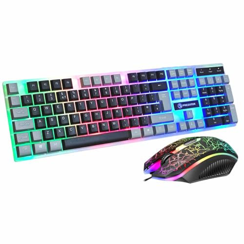 JUSTOP USB Wired Keyboard and Mouse Set, Luminous LED Lights, Full Size Slim Keyboard, LED Gaming Mouse, Game or Business, UK Layout, For PC, Laptop, Windows And Mac, PS4, PS5, Xbox One, etc (Retro)