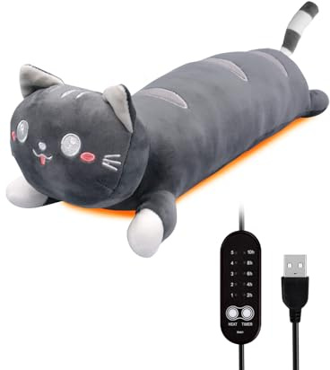 20 Graues Katzen Heizkissen Bei Periodenschmerzen USB Tragbar 5 Heizstufen 5 Timer Automatik Ausschalten Plüsch Wärmekissen Für Nacken Rücken Entspannung Süß Geschenk Frauen Kinder