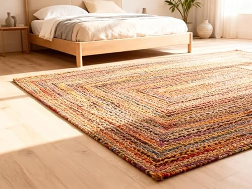 Craft Trade Bunt Boho Jute Teppich Reversibel Geflochten Handgewebt Rechteckig Flickenteppich für Küche Wohnzimmer und Schlafzimmer- 150 x 240 cm
