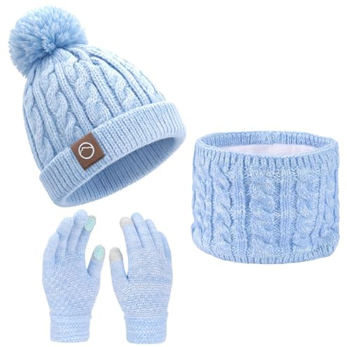 Fiohiros Girls Winter Hat Scarf Gloves Set, Kids Soft Warm Hat Neck Warmer Mittens for 4-10 Years Old Girls
