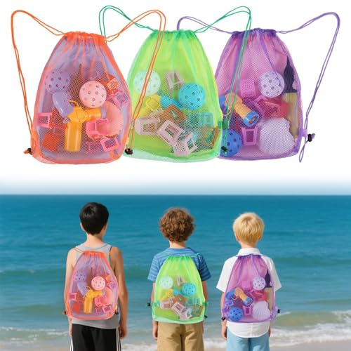 hankousi 3 bolsas de juguetes de playa para niños - Mochilas grandes de malla con cordón para almacenamiento de juguetes de arena, redes ligeras y duraderas para recoger conchas para vacaciones en la