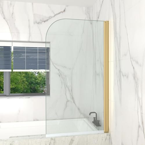 T&K Duschwand für Badewanne 80x140 cm Gold, Badewannenabtrennung Faltbare Duschwand abgerundete Kanten 5mm ESG Sicherheitsglas beidseitig leicht zu reinigen