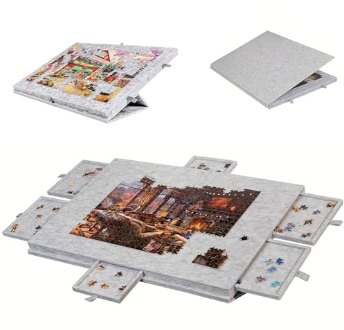 Tilting Jigsaw Puzzle Board Tiltable Felt Jigsaw Board for 1000 Pieces | 3-in-1 Stand & Protective Cover & 6 Drawers, Non-Slip, Lightweight, Folding, Portable Puzzle Board Table, For Adults Gifts