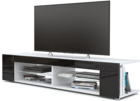 Vladon Lowboard Movie, TV-Kommode mit 4 offenen Fächern und Zierleisten, Weiß matt/Schwarz Hochglanz (134 x 29 x 39 cm)