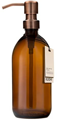 Kuishi Amber Glass Pump Bottle with Stainless Steel Pump [500ml Bronze], Amber Glass Soap Dispenser Refillable Brown Glass Bottles Ideal of Handwash, Shampoo, Conditioner, Shower Gel (BPA-Free)