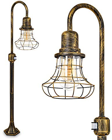 Außenleuchte Borkan mit Bewegungsmelder, Stehleuchte in antikem Look, Aluguß in Schwarz/Gold mit Klarglas-Scheiben, Wegeleuchte 135 cm, Retro/Vintage Gartenlampe, E27-Fassung, IP44, ohne Leuchtmittel